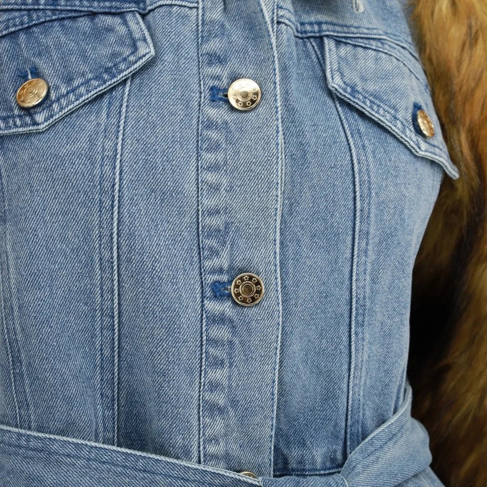 Azalea Wang‎ Denim Jacket Fur Sleeves Belted Ruffle Peplum Size Large NWOT